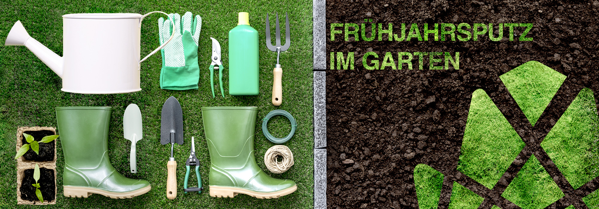 Werkzeuge, die für die Gartenarbeit benötigt werden liegen auf dem Rasen