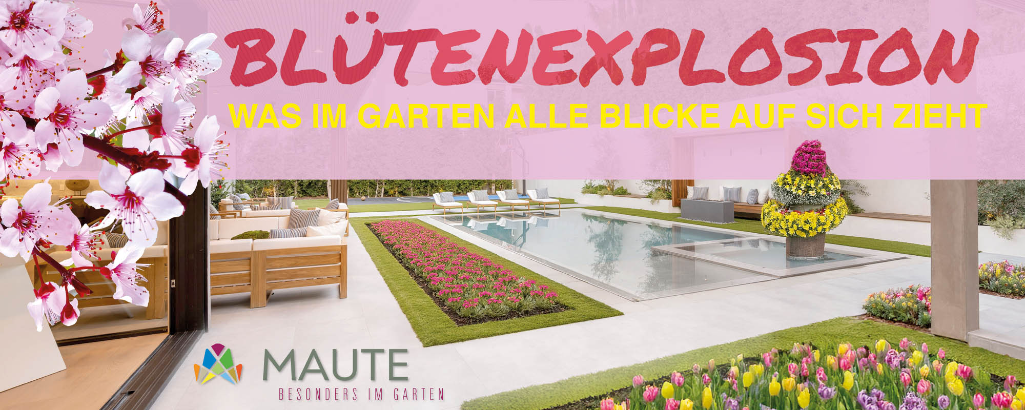 Garten mit frühlingshaften Blüten und Pool.